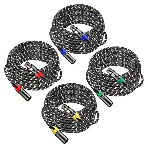 XLR Cable 50ft 4 Packs - Premium Balanced Microphone Cable with 3-Pin XLR Male to Female Mic Speaker Cable, Black and White Grid Layer, Pure Copper and Plated Conductors