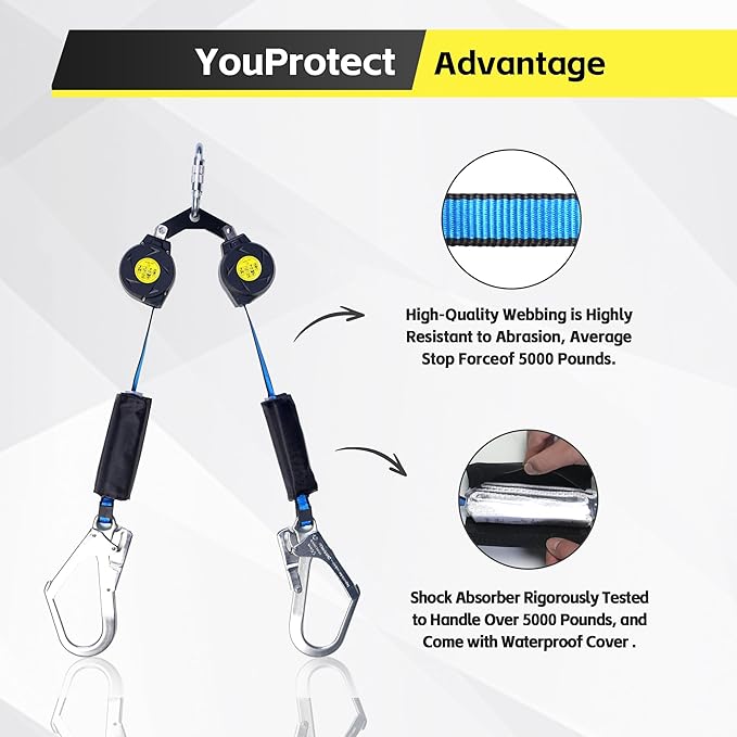 6 FT Dual Leg Self-Retracting Lifeline Web Lanyard Retractable, 2.36 inch Gate Opening Twin Steel Locking Hooks, Double Yoyo, Shock Absorber | Fall Protection OSHA & ANSI Compliant SRL