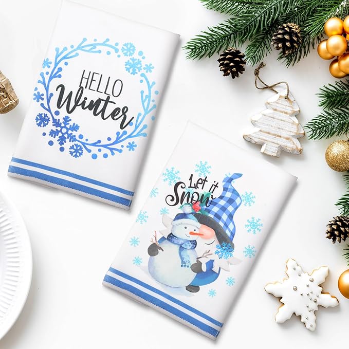 Preboun 6 Pcs Hello Winter Kitchen Towels Snowman Gnome Dish Blue Snowflake Tea Christmas Hand Drying Towels Baking Cooking Cloth for Home Kitchen Bathroom Decor