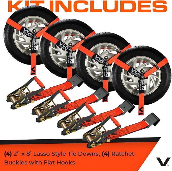 VULCAN Car Tie Down with Flat Hooks - Lasso Style - 2 Inch x 96 Inch - 4 Pack - PROSeries - 3,300 Pound Safe Working Load