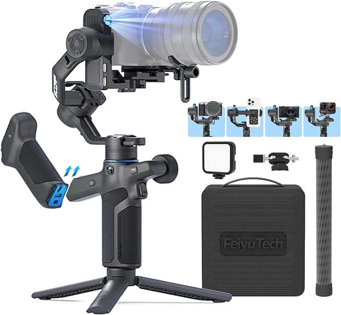 FeiyuTech SCORP Mini 3 Pro [Combo] AI Tracker Camera Gimbal+Bag+Fill Light+Extension Pole+Articulating Arm,Detachable Remote Handle All in One Stabilizer,4.4lbs Payload,Bluetooth & Cable Control