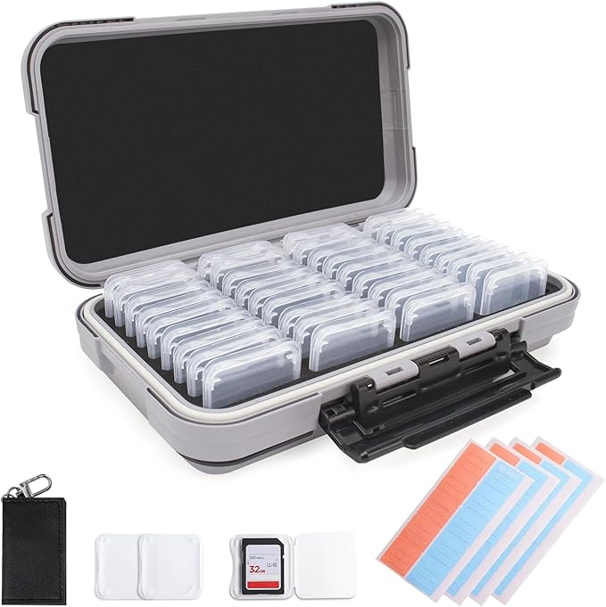 Micscrew 36 Slots Memory Card Case & 36 Transparent Card Cases, Light Gray Camera SD Card Holder Storage with Individual Plastic Card Holder Case for SD Card, Camer Card Organizer for SD Card