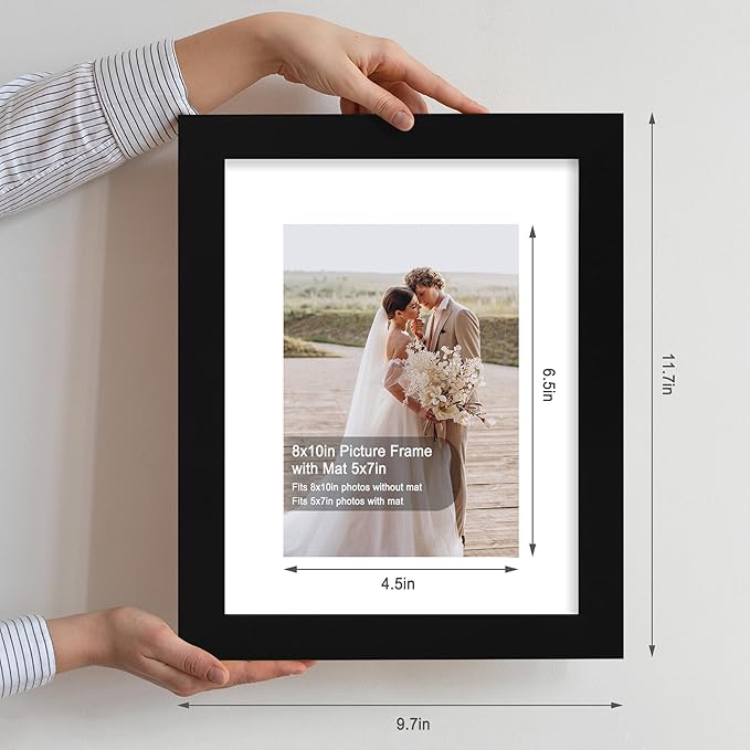 8x10 Picture Frame Set of 4, Made of Real Glass and Black Wooden Frame, 8 by 10 Photo for Wall or Tabletop - Display Picture 5x7 with Mat or 8x10 Without Mat