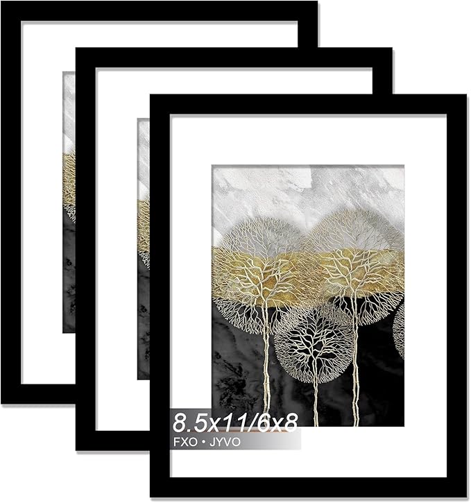 8.5x11 Picture Frame Set of 3, Display Photo 6x8 with Mat or 8.5 x 11 Without Mat, Light Weight and High Transparent 8.5 by 11 Frame for Wall - 3 Pack/Black/8.5"x11"