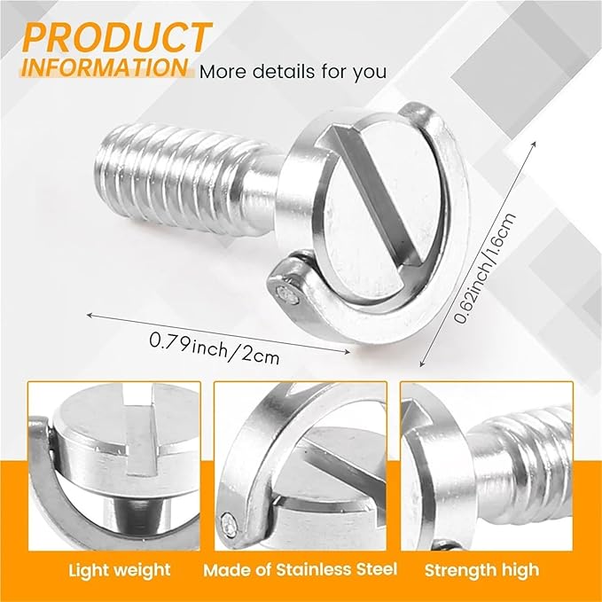 20 PCS 1/4" D-Ring Screw Stainless Steel for Camera Tripod Quick Release Plate Silver