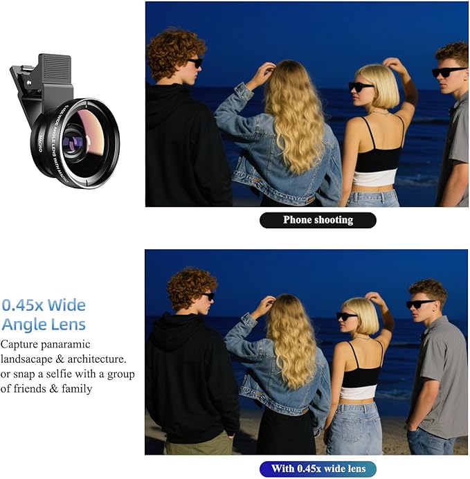 Phone Camera Lens 2 in 1 Phone Lens Kit, 0.45 Super Wide Angle Lens 15x Macro Lens, Wide Compatibility with Popular Smartphones, Tablets and Laptops of Various Brands