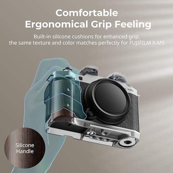 SMALLRIG X-M5 Wooden Handgrip L-Shape Grip for FUJIFILM X-M5, Built-in Quick Release Plate for Arca, Ergonomic Wood Side Handle, Include Windshield with Cold Shoe Adapter,Plate for Arca (Silver)-5261