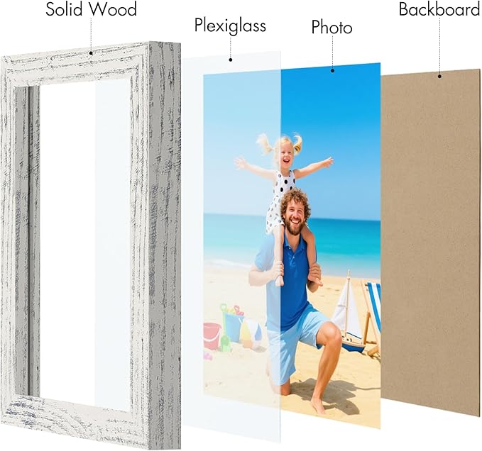Vittanly 5x7 Picture Frame, Made of Solid Wood and Shatterproof Plexiglass, Wooden Photo Frame for Wall Mounting or Tabletop Display, Picture Frame for Home Decor with Stand, Distressed White, 1 Pack