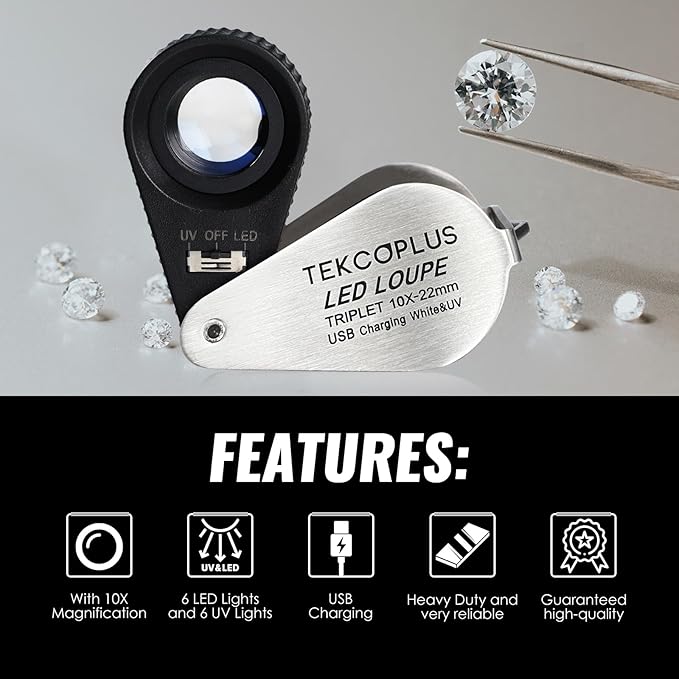 10x Jewelers Loupe Magnifier with UV & LED Lights, 22mm Triplet Lens Rechargeable Jewelers Loupe Foldable Jewelry Magnifier Portable Jewelry Magnifier Inspection Loupe for Gems, Jewelry, Coins, Rocks