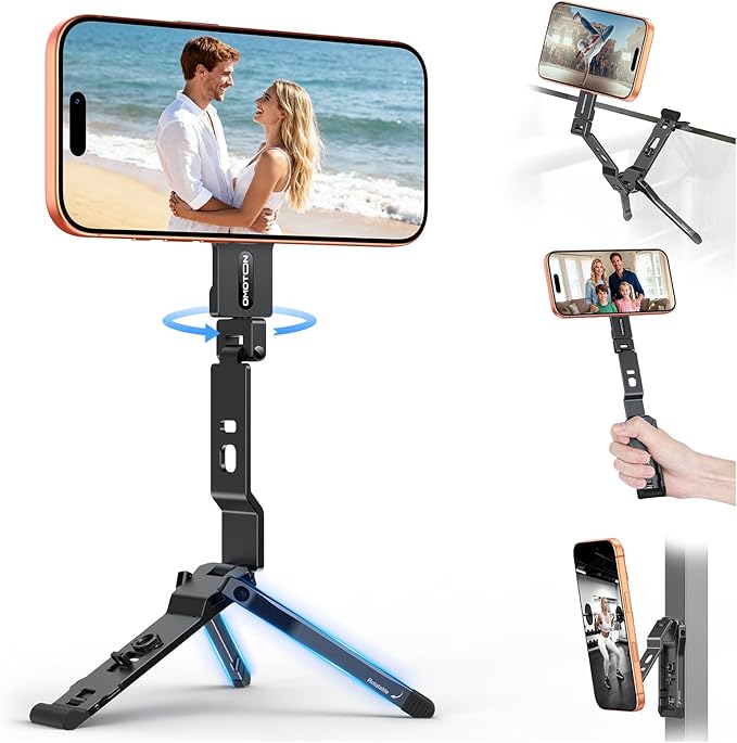 OMOTON TP03 [Ultra-Slim] for MagSafe Tripod, 360°Rotating Magnetic Phone Tripod for iPhone 17/16/15 Pro Max Air, Foldable Cell Phone Stand with 1/4" Screw & Hook Fits Vlog, Gym, Travel Essentials