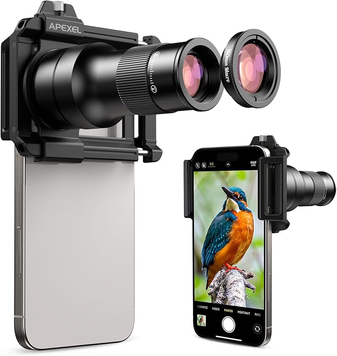 APEXEL 2-in-1 Telephoto Lens & 150mm Macro Lens for | 6X Telephoto and Macro Lens Kit with Universal Clip | Compatible with 16/15/14/13 Pro/Max, Samsung and Android Smartphones