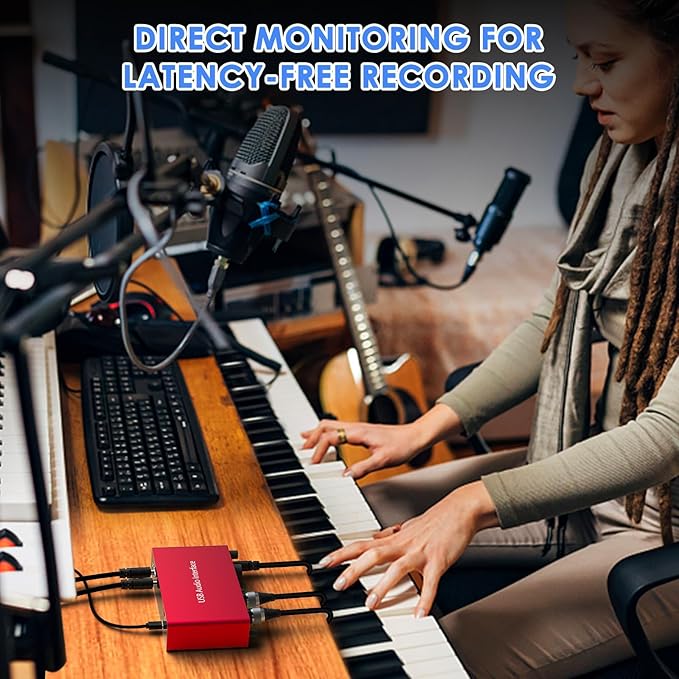 USB Audio Interface, 24Bit/192kHz Studio Recording, 48V Phantom Power, Zero-Latency Monitoring – Compatible with Mac/PC, DAWs, Ideal for Music Production, Podcasting & Voice Over