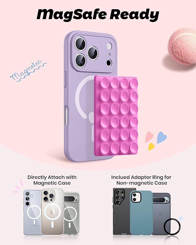 amBand Magnetic Sticky Phone Suction Grip for MagSafe, Removable for Wireless Charging, Durable Magnet Silicone Portable Mount Stand for iPhone 12 13 14 15 16 17, Hands-Free Video/Selfie, Bubble Gum