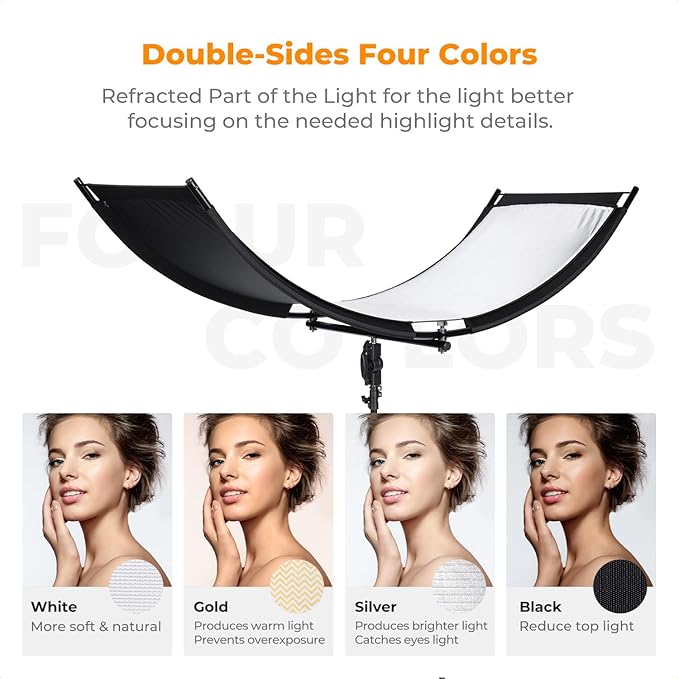 K&F CONCEPT U-Shape Reflector Curved Reflector 180x60cm with 4-in-1 Reflective Fabric, Black/Gold/White/Silver, with 1.9m Stand, with Storage Bag, for Photography Studios