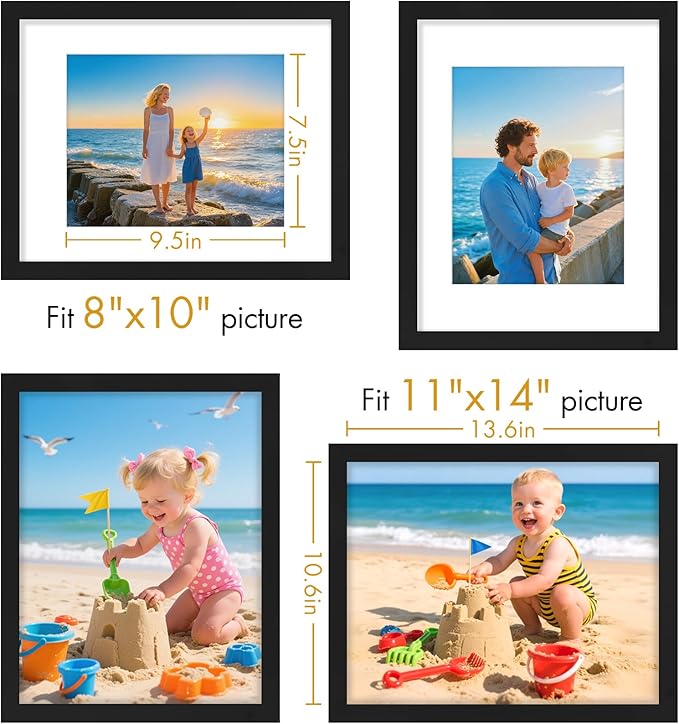 Vittanly 11x14 Picture Frame, Made of Solid Wood and Shatterproof Plexiglass, Display Pictures 8x10 with Mat or 8x10 without Mat, Wooden Photo Frame for Wall Mounting or Tabletop, Black, 1 Pack