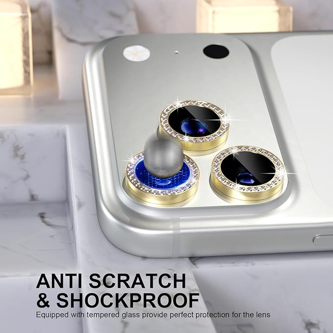 Choiche Compatible for iPhone 17 Pro/iPhone 17 Pro Max Camera Lens Protector Bling, 9H Tempered Glass Camera Cover Screen Protector Metal Ring Decoration Accessories (Diamond-Gold)