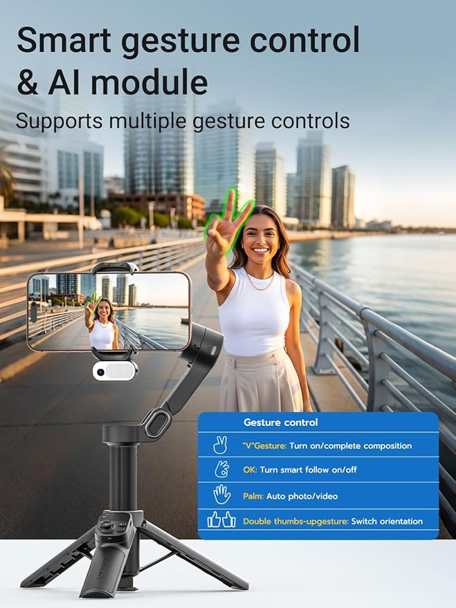 AOCHUAN AI Face Tracker Gimbal Stabilizer for iPhone w/Magnetic Remote, 360° Pan Rotation 3-Axis Gimbal for iPhone, Stabilizer w/Light, Built-in Extension Rod & One-Touch Open Tripod, Volg, Sport