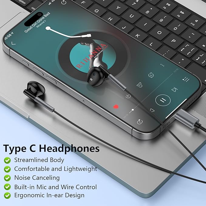 USB C Headphones Wired Earbuds for iPhone 17 Pro Max/Air/16e/16 Pro Max/16 Pro/16 Plus/16/15 Pro Max/15 Pro, Type C Earphones Wired Noise Canceling Ear Buds with Microphone for Samsung A17 A16 S25 S24