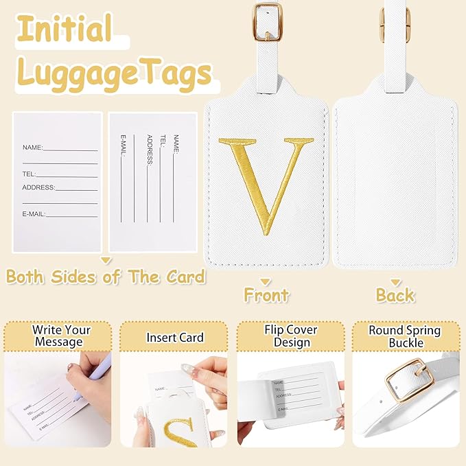 Unique Initial Letter Luggage Tags for Suitcases, Monogrammed Suitcase Luggage Identifier Tag,PU Leather TSA Approved Luggage Tags,Bag Tags for Men Women Kids Luggage Baggage(White V)