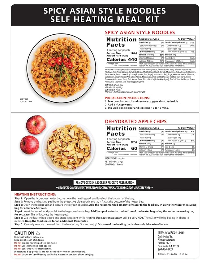 Heaven's Harvest Self-Heating Emergency Meal Kit (10 Year Shelf Life) — Tastier than MRE Meals & Ready-To-Eat in Minutes! Just add water to activate the “cooking” process. (Spicy Noodles) (Single)