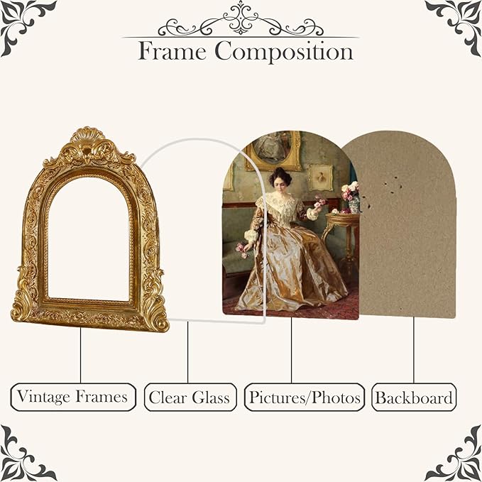 Vintage Picture Frames 2.5x3.5 Ornate Bronze Antique Picture Frames for Wall and Tabletop Vintage Photo Frame Victorian Home Decor Gallery Wall Decor in Arch Shape