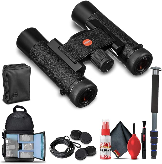 Leica 10x25 Ultravid Blackline Binoculars (Black with Black Leather) (40607) + Backpack + Full Size Monopod + Cleaning Set + 2 x Cap Keeper + Neck Strap