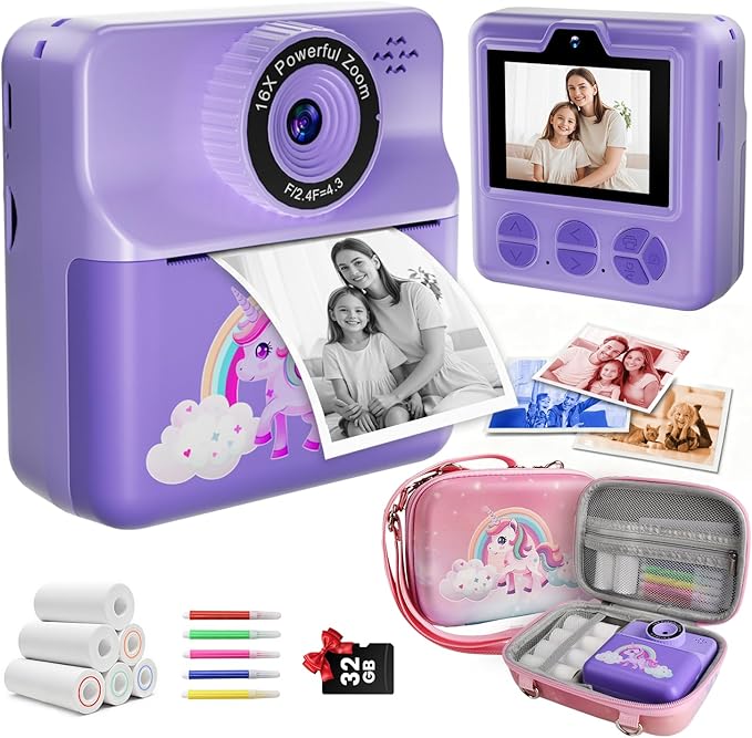 Instant Print Camera for Kids, Digital Selfie Cameras with Carry Case & 5-Color Paper, Portable Toddler Toy Christmas Birthday Gifts for 3 4 5 6 7 8 9 10 11 12 Year Old Girls - Purple