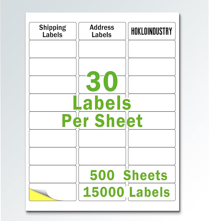 1" x 2-5/8" Printable Mailing Labels - 15,000 Total (500 Sheets) - White, Permanent Adhesive