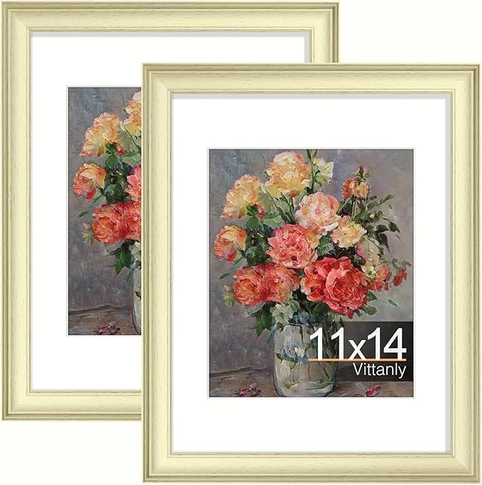 Vittanly 11x14 Picture Frames Set of 2, Ornate Vintage Photo Frame for Wall or Tabletop, Display 8x10 Pictures with Mat or 11x14 without Mat, Beige