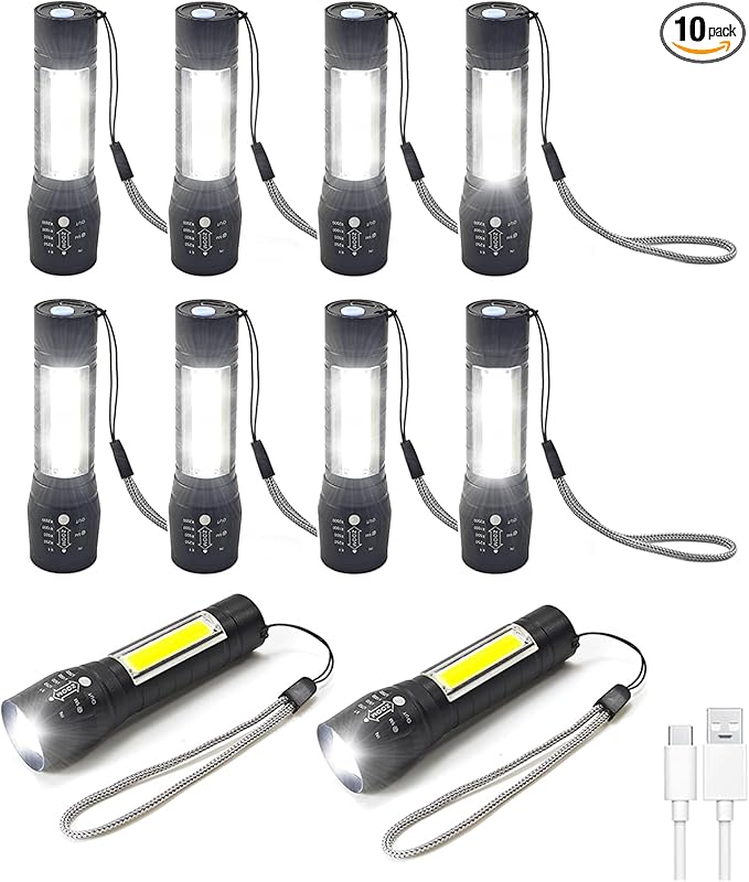 10 Pack LED Rechargeable Flashlight, Super Bright Small Mini Camping Flashlights Zoomable Beam, Convenient USB C Charging for Camping Hiking Outdoor Home Emergency