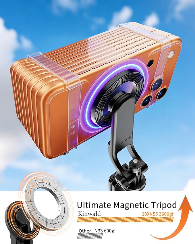 57" MagSafe Compatible Phone Tripod with Remote, Strong Magnetic Selfie Stick, Secure & Portable Tripod for iPhone Android, Travel Video Recording & Vlog (Black)