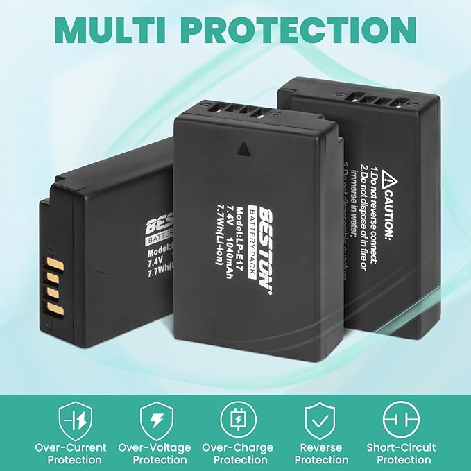 BESTON 3-Pack LP-E17 Battery and Charger Set for Canon EOS R50 R100 RP R10 R8, Rebel T8i, T7i, T6i, T6s, SL2, SL3, EOS M3, M5, R10, M6 Mark II, 77D, 200D, 750D, 760D, 800D, 8000D Camera