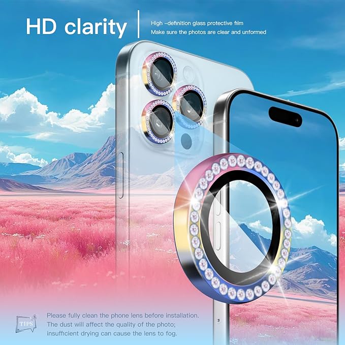Camera Lens Protector Bling Compatible for iPhone 16 Pro/iPhone 16 Pro Max,9H Tempered Glass Camera Cover Screen Protector,HD Clear,Aluminum Alloy Ring Decoration (Diamond Color)