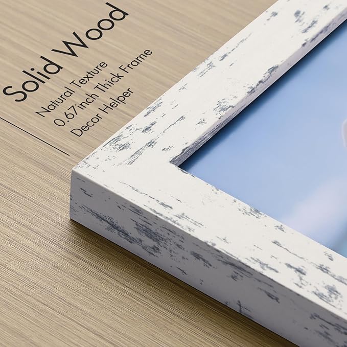 Vittanly 11x14 Picture Frame, Made of Solid Wood and Shatterproof Plexiglass, Display Pictures 8x10 with Mat or 8x10 without Mat, Wooden Photo Frame for Wall or Tabletop, Distressed White, 1 Pack