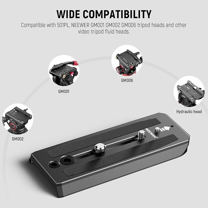 Neewer 501PL Tripod Fluid Head Quick Release Plate, Camera Mounting Plate with 1/4" and 3/8" Screws, Anti Off Pin for GM001 GM002 GM006 Fluid Heads, QR5