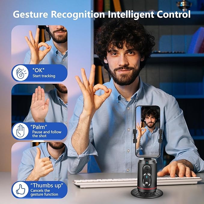Automatic Face Tracking Tripod, 360° Rotating Smart Camera Stand, LED Fill Light, No App Required, Gesture Control, with Detachable Remote Control, Suitable for Vlog Live Broadcast and Video
