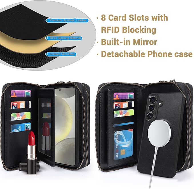 Harryshell Compatible with Samsung Galaxy S26 Plus Case Wallet Multi Zipper Detachable Removable Cover Purse with Card Slots Holder Mirror Crossbody Strap (Compatible with Magsafe - Black)