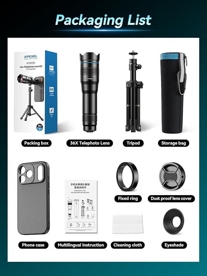 APEXEL 36x Telephoto Lens Compatible with iPhone 17 Pro | Photography for Travel, Birdwatching, Exploration | Kit with Sturdy Metal Tripod and Threaded Phone Case
