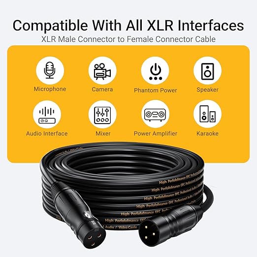 XLR Cables, 50ft Microphone Cable, Balanced Male to Female Mic Cord, XLR Speaker Cable, Black