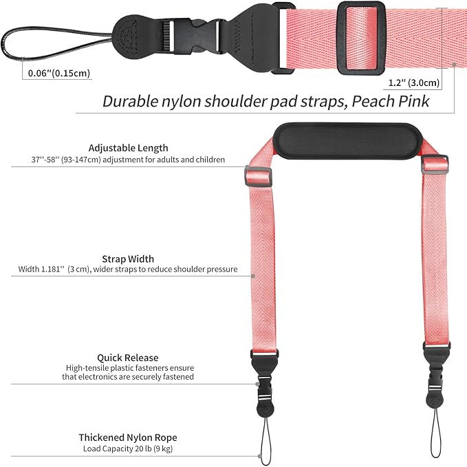 Universal Shoulder Strap, Neoprene Padded Bag Strap with Double Adjustable Buckles, Comfortable Neck Lanyard for Camera, Cellphone Tablet,iPad, Laptop, Binocular, Luggage Bag(Peach Pink)
