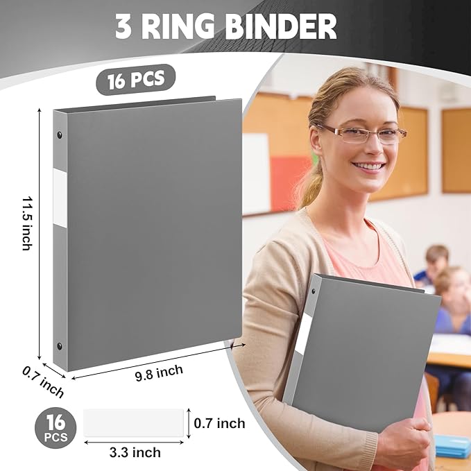 Henoyso 16 Pcs 3 Ring Binder 1/2'' Round Fits Letter Size 8.5'' x 11'' Paper Plastic Flexible Binder Holds 140 Sheets with 1 Pockets Versatile Organizer for Home Office School (Gray)
