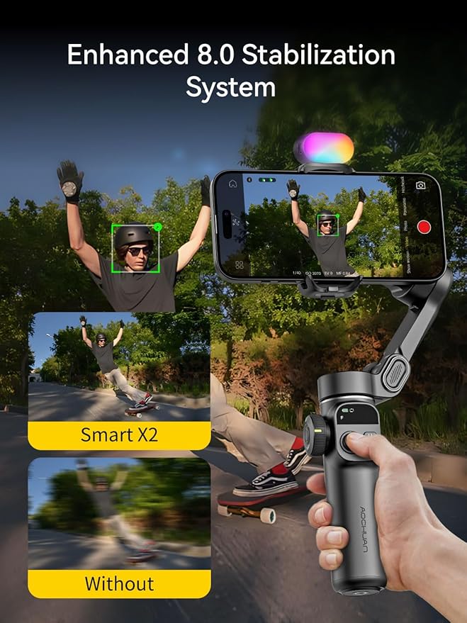 AOCHUAN Gimbal Stabilizer for iPhone, Phone Gimbal w/RGB Magnetic Fill Light, Foldable Gimbal Built in 7.8' Extension Rod and OLED Display for iPhone/Android Excellent for Vlogging-Smart X2 Kit Black