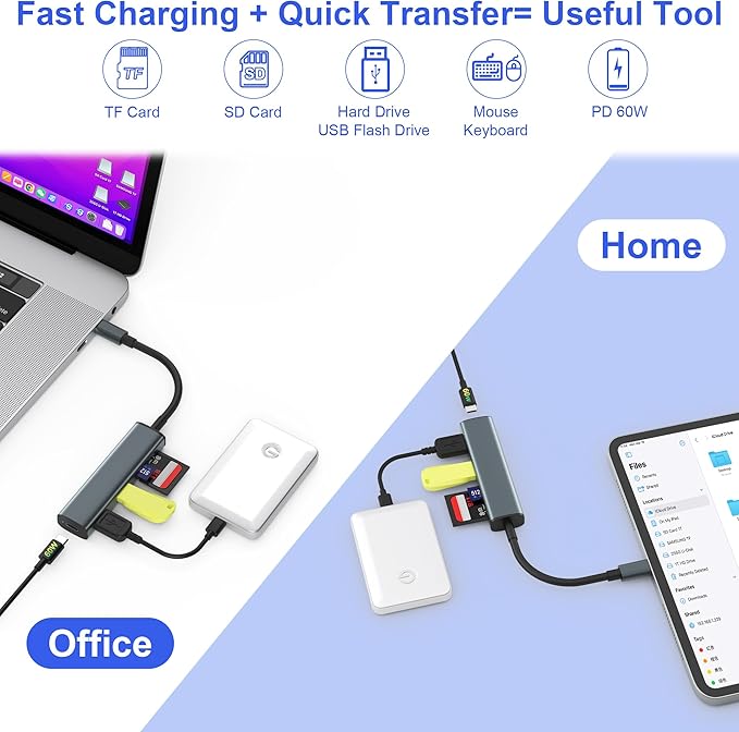 TIANSONG USB C SD Card Reader, Memory Card Reader with 60W PD Charger Adapter SD Card Adapter with SD/TF/USB 4 Ports for iPhone 15/16 iPad Pro MacBook Pro/Air iMac Android and More USB-C Devices