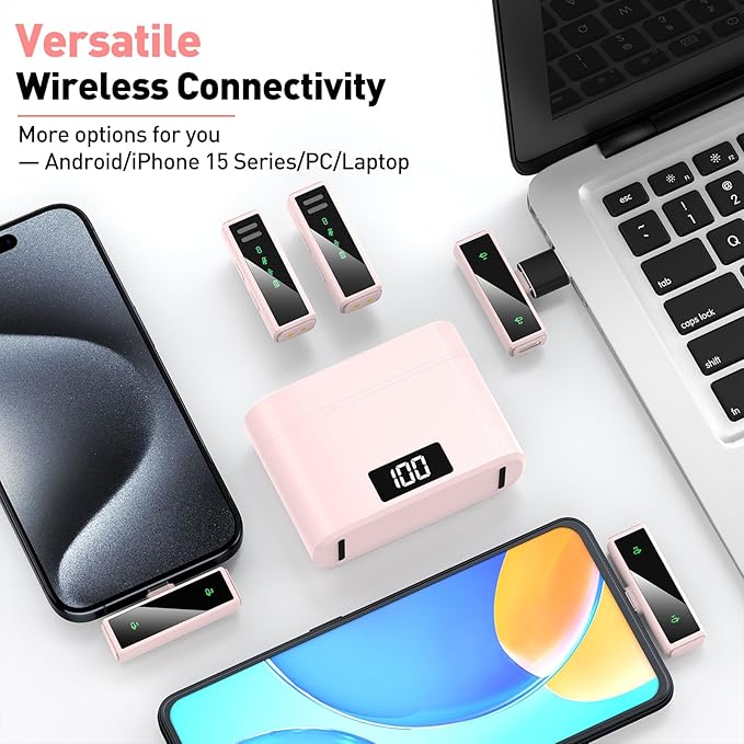 Wireless Lavalier Microphone for iPhone 15, Android, PC, Laptop, USB C Mini Microphone with Noise Cancellation, Mini Microphone for Video Recording, Vlog, YouTube, TikTok (Pink)