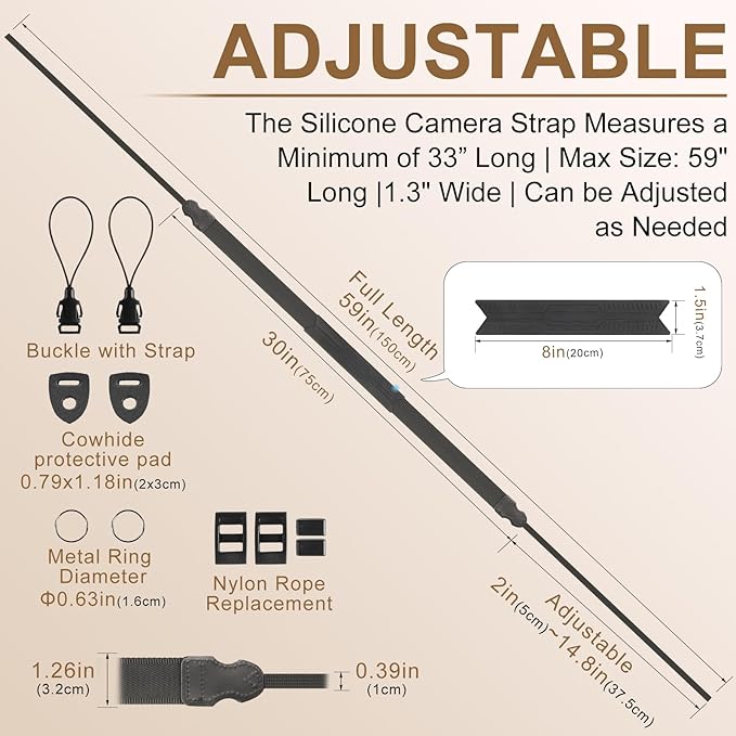 Neck Strap Silicone Camera Straps - Padded Camera Strap, 1.5" Wide Adjustable Nylon Shoulder Strap - Compatible with Canon, Nikon, Sony, and More DSLR and Mirrorless Cameras (Black)