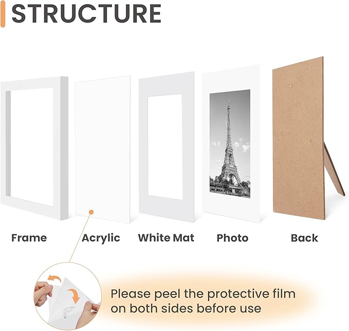 upsimples 8.5x11 Picture Frame Set of 10, Display Pictures 6x8 with Mat or 8.5x11 Without, Multi Photo Frames Collage for Wall or Tabletop Display, White