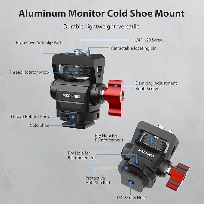 Camera Monitor Mount with Cold Shoe, Aluminum Cold Shoe Mount Adapter with 1/4″ Screw for LED Light Microphone Cage, Field Monitor Holder 360° Swivel & 180° Tilt Damping (63146)