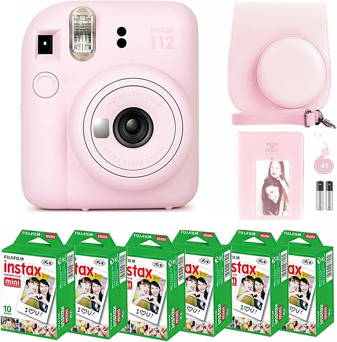 Fujifilm Instax Mini 12 Instant Camera Blossom Pink and Fuji Film Value Pack (60 Sheets) Bundle with Sturdy Tiger Accessories, Carrying Case, Photo Album 64 Pockets