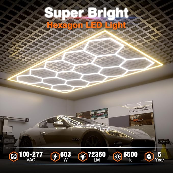 Hexagon Garage Lights, 14 Grids Hexagon LED Lights with Rectangle Frame, 603W 6500K Super Bright Honeycomb Light for Warehouse, Car Detailing Shop, Exhibition Hall, Gym(Orange)