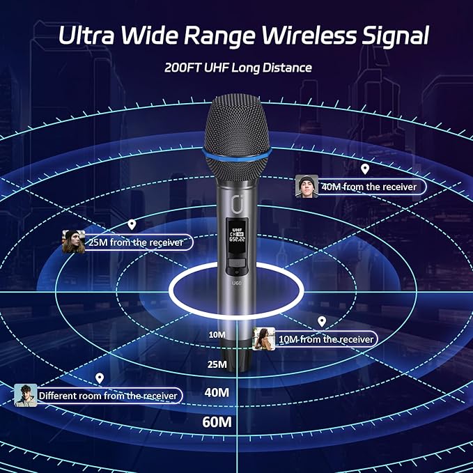 Wireless Microphones, Two UHF Microphones for Karaoke Singing, Rechargeable Dynamic Mic System with Receiver for Church, Party, Meeting, Speech, PA System, Plug and Play